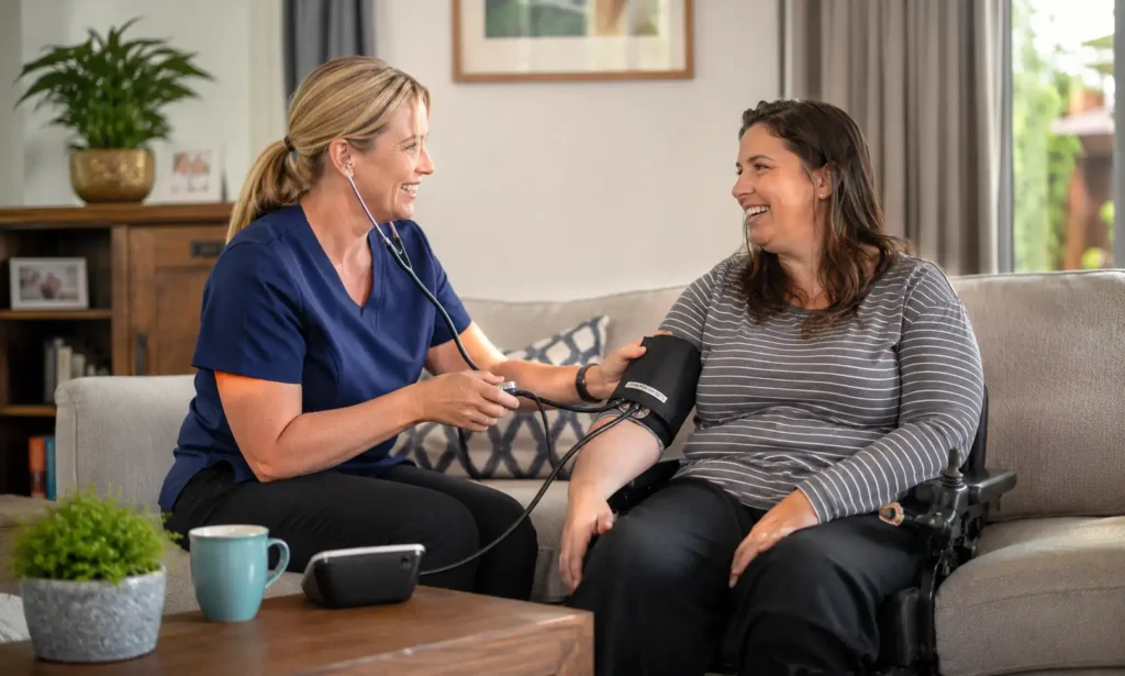 NDIS community nurse providing personalised nursing care to a participant at home in Melbourne.