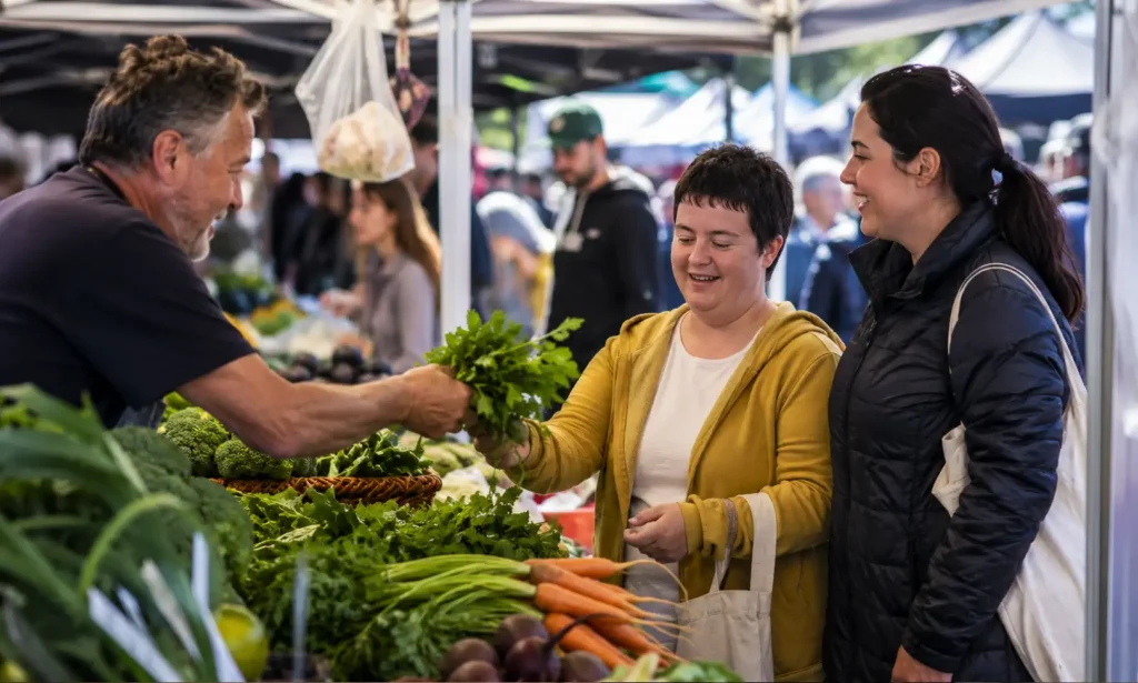 NDIS participant enjoying a community outing at a local Melbourne market with support from an Aligned Assist disability support worker.