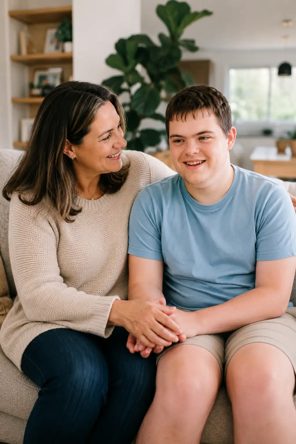 Parent sitting beside her teenage son, an NDIS participant, in their Melbourne home