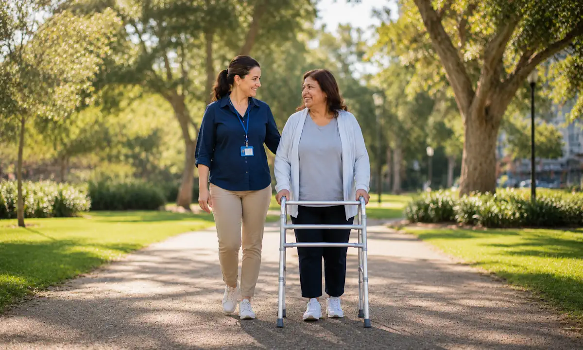 Support worker walking alongside an NDIS participant in a Melbourne park, reflecting the compassionate care behind Aligned Assist's NDIS provider reviews in Melbourne.