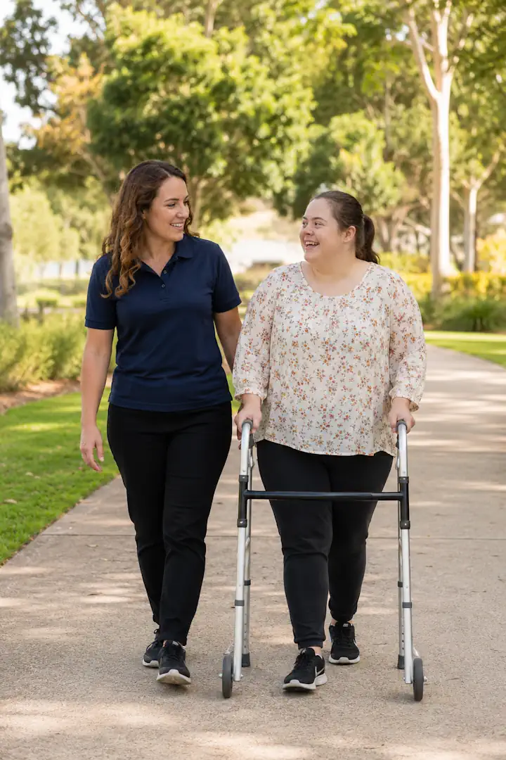 NDIS support worker walking alongside an adult participant in a Melbourne park, providing compassionate disability support services.