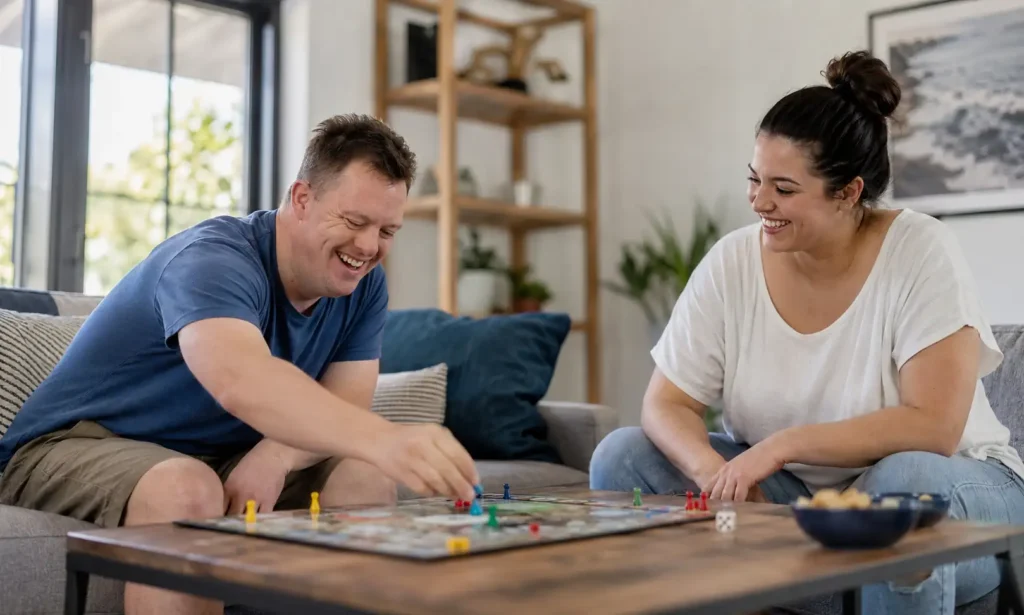 NDIS participant enjoying short-term accommodation and respite care with a support worker in a comfortable Melbourne home.