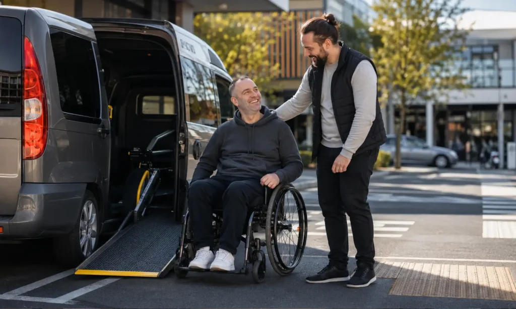 NDIS Travel and Transport Assistance helping a wheelchair user access safe community transport in Melbourne.